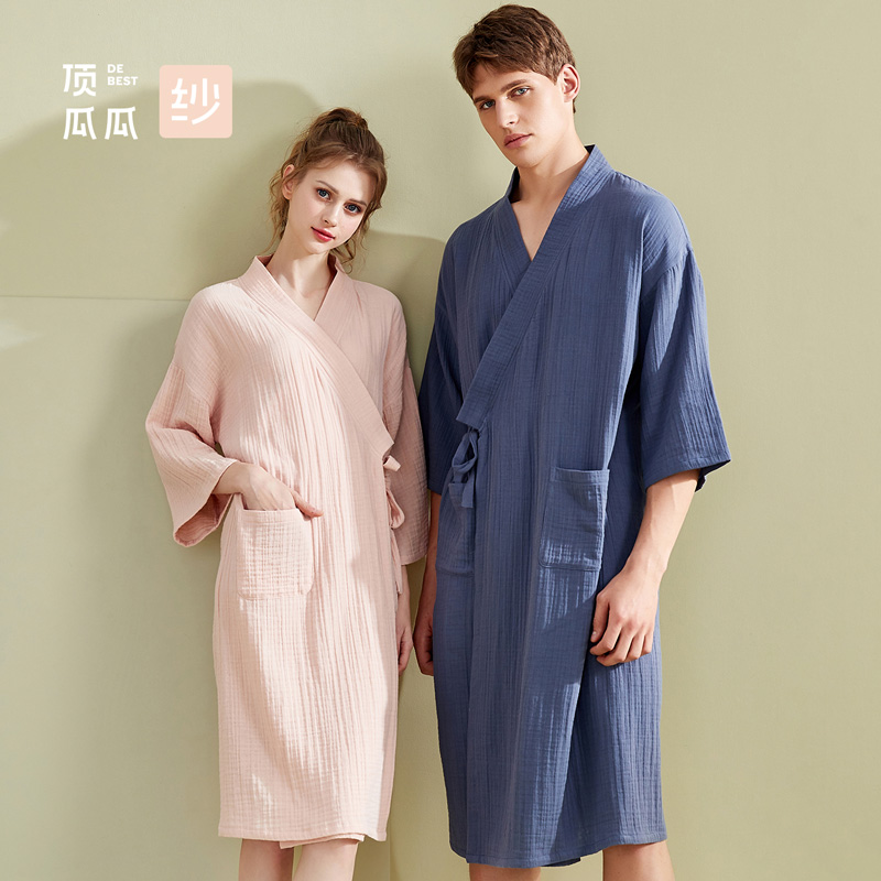 顶瓜瓜睡袍男女情侣春夏纯棉中袖双层纱布中长款浴衣家居和服睡衣