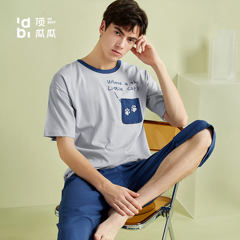 顶呱呱睡衣男士短袖七分裤纯棉夏季薄款休闲家居服全棉套装可外穿
