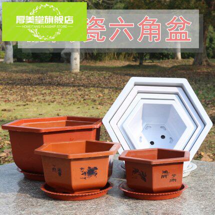 吊兰盆栽植物六角塑料花盆大号加厚种花种菜盆带托盘盆景育苗花器