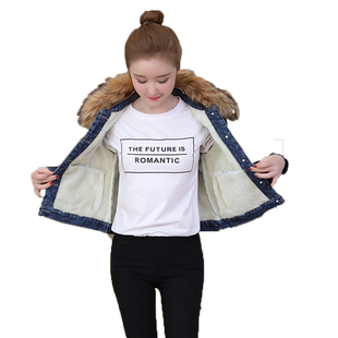 2025新品冬装韩版女装修身保暖加绒加厚可拆卸毛领子牛仔上衣外套