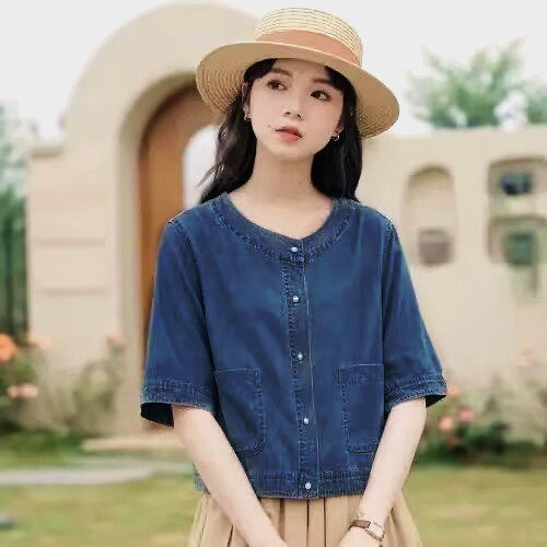 新款中袖牛仔外套女202夏季薄款加大码胖MM女士百搭宽松上衣衬衫