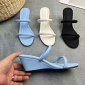 细带高跟鞋 2025新款 女坡跟凉拖鞋 女夏外穿时尚 韩版 简约一字带凉鞋