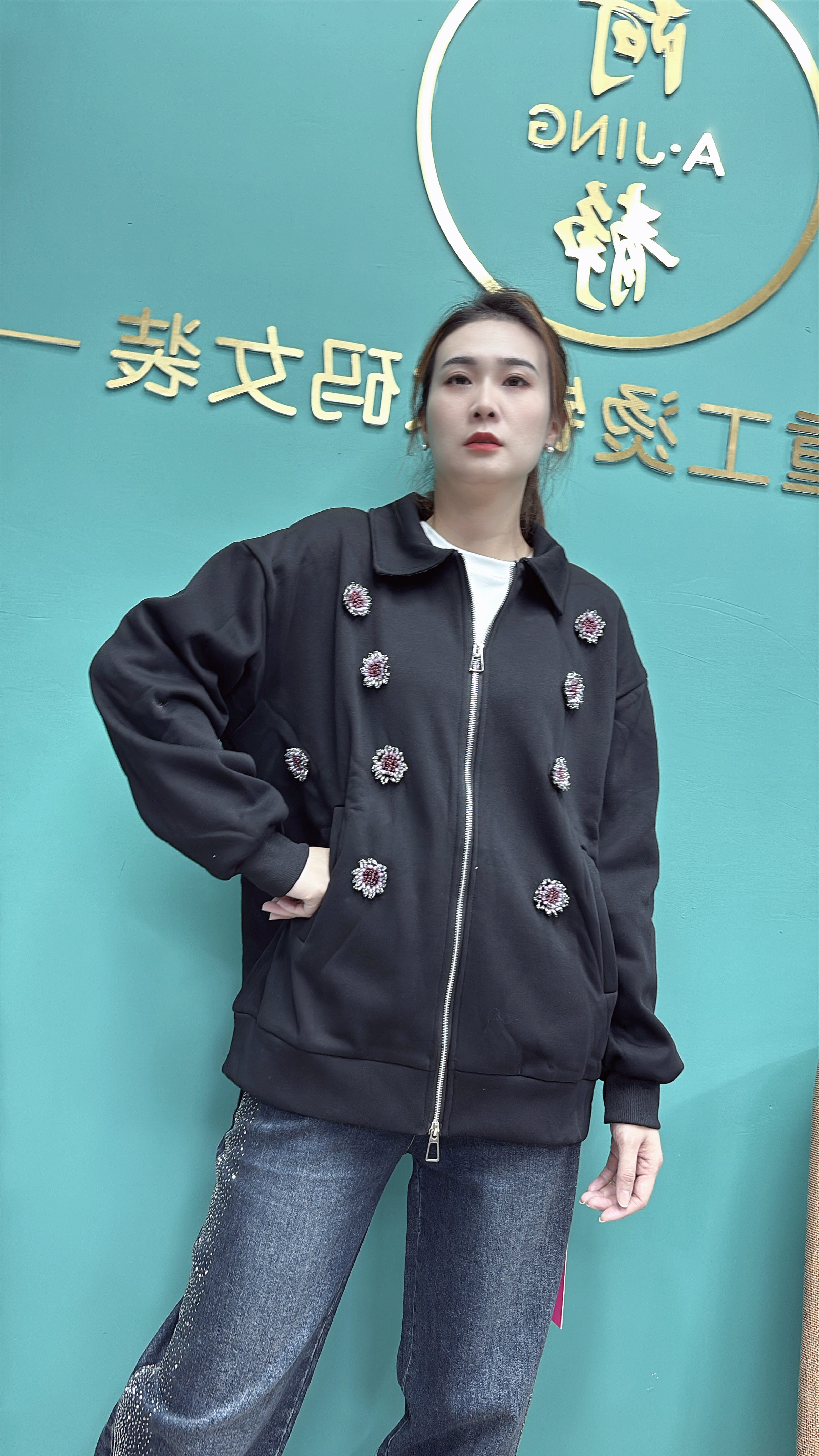 阿静家重工大码女装加绒卫衣立体花朵百搭减龄贴身舒适开衫外套潮