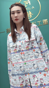 阿静家时尚胖mm重工烫钻字母KT猫多图设计感长袖衬衫减龄百搭休闲