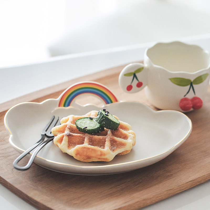ins云朵彩虹韩式沙拉小吃盘早餐家用菜盘可爱陶瓷深盘金边摆拍盘