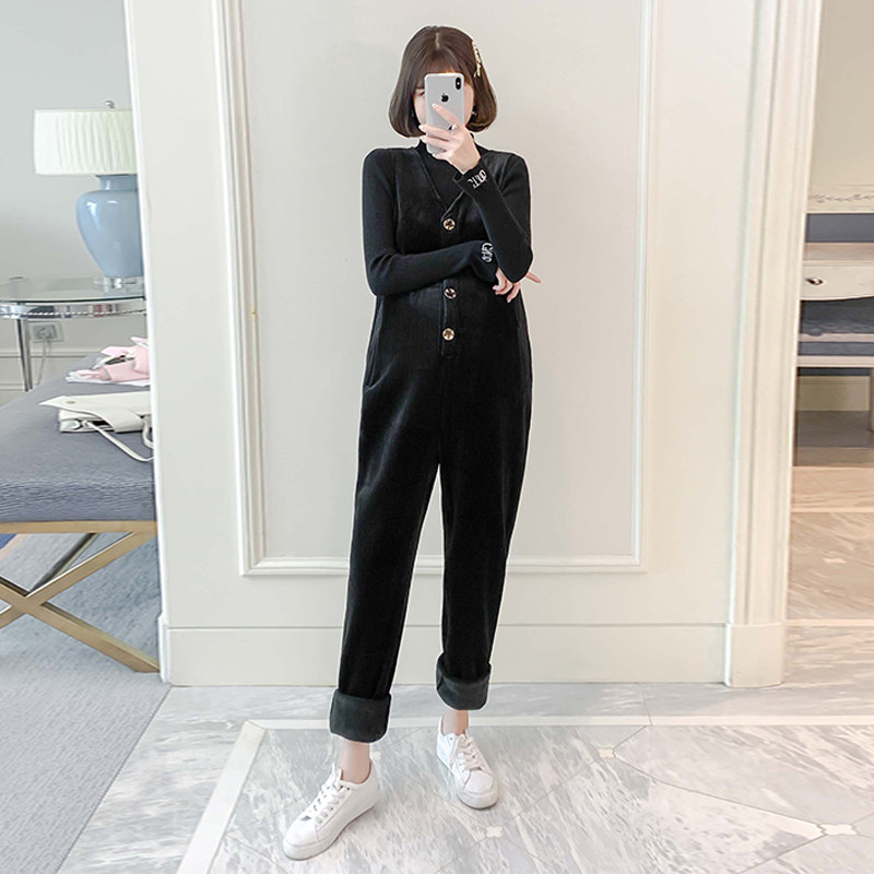 孕妇背带裤秋冬加绒加厚宽松大码灯芯绒套装孕妇裤子外穿时尚潮妈