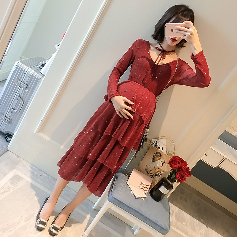 孕妇连衣裙春装2020新款韩版时尚潮妈怀孕期亮晶晶中长款蛋糕裙子