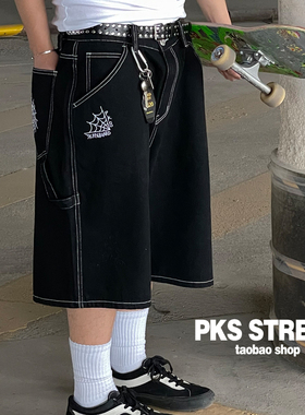 滑板工装男士黑色短裤过膝明线蜘蛛网刺绣宽松牛仔短裤男夏季PKS