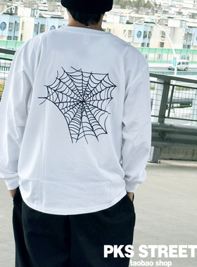 PKS25后背蜘蛛网大印花街头滑板圆领大宽松长袖T恤黑白男