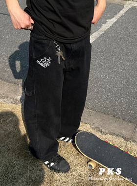 90年代街舞滑板复古街头bigboy大宽松黑工装牛仔裤蜘蛛网印花男