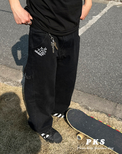 90年代街舞滑板复古街头bigboy大宽松黑工装牛仔裤蜘蛛网印花男