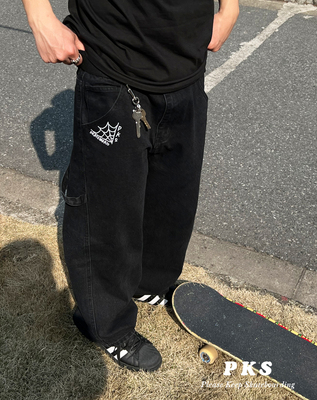 90年代街舞滑板复古街头bigboy大宽松黑工装牛仔裤蜘蛛网印花男