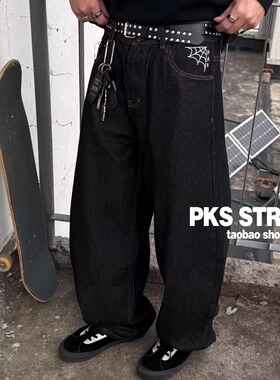 PKS独家蜘蛛网滑板弯刀原色牛仔裤街舞宽松老爹牛仔长裤气球长裤