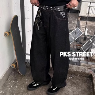 气球裤 牛仔长裤 街舞宽松老爹裤 PKS蜘蛛网滑板直筒弯刀原色牛仔裤