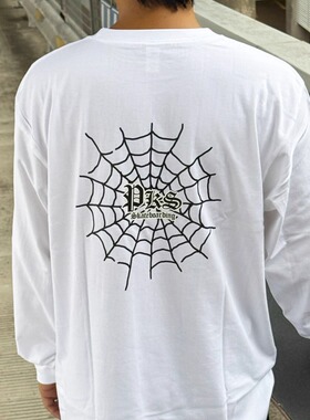 PKS新款后背蜘蛛网大印花街头滑板圆领大宽松长袖T恤白