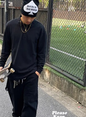 PKS真好穿太好穿 街头滑手多种穿搭 黑色长袖宽松POLO衫黑灰色