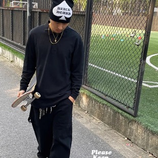 PKS真好穿太好穿 街头滑手多种穿搭 黑色长袖宽松POLO衫黑灰色