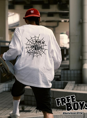 PKS新款FreeBoys后背蜘蛛网大印花街头滑板圆领大宽松长袖T恤黑白