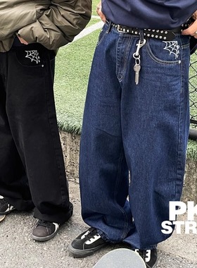 PKS蜘蛛网滑板直筒阔腿水洗牛仔裤街舞宽松老爹裤牛仔长裤气球裤
