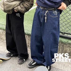 PKS蜘蛛网滑板直筒阔腿水洗牛仔裤街舞宽松老爹裤牛仔长裤香蕉裤