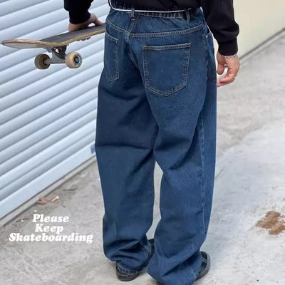 中高腰加长复古宽松牛仔长裤街舞滑板直筒水洗牛仔裤男款蓝色黑色