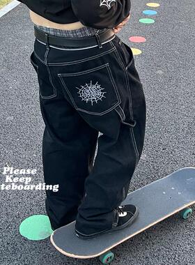 滑板直筒阔腿水洗牛仔裤街舞蜘蛛网刺绣黑工装BigBoy阔腿牛仔长裤