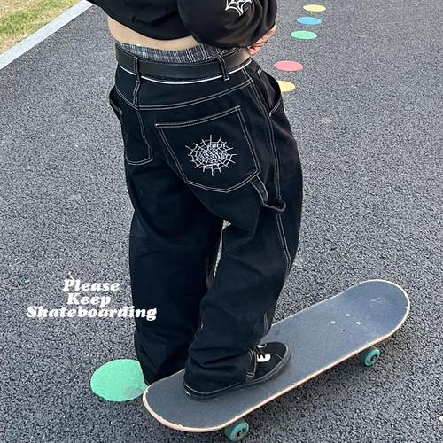 PKS蜘蛛网刺绣大宽松黑色牛仔裤