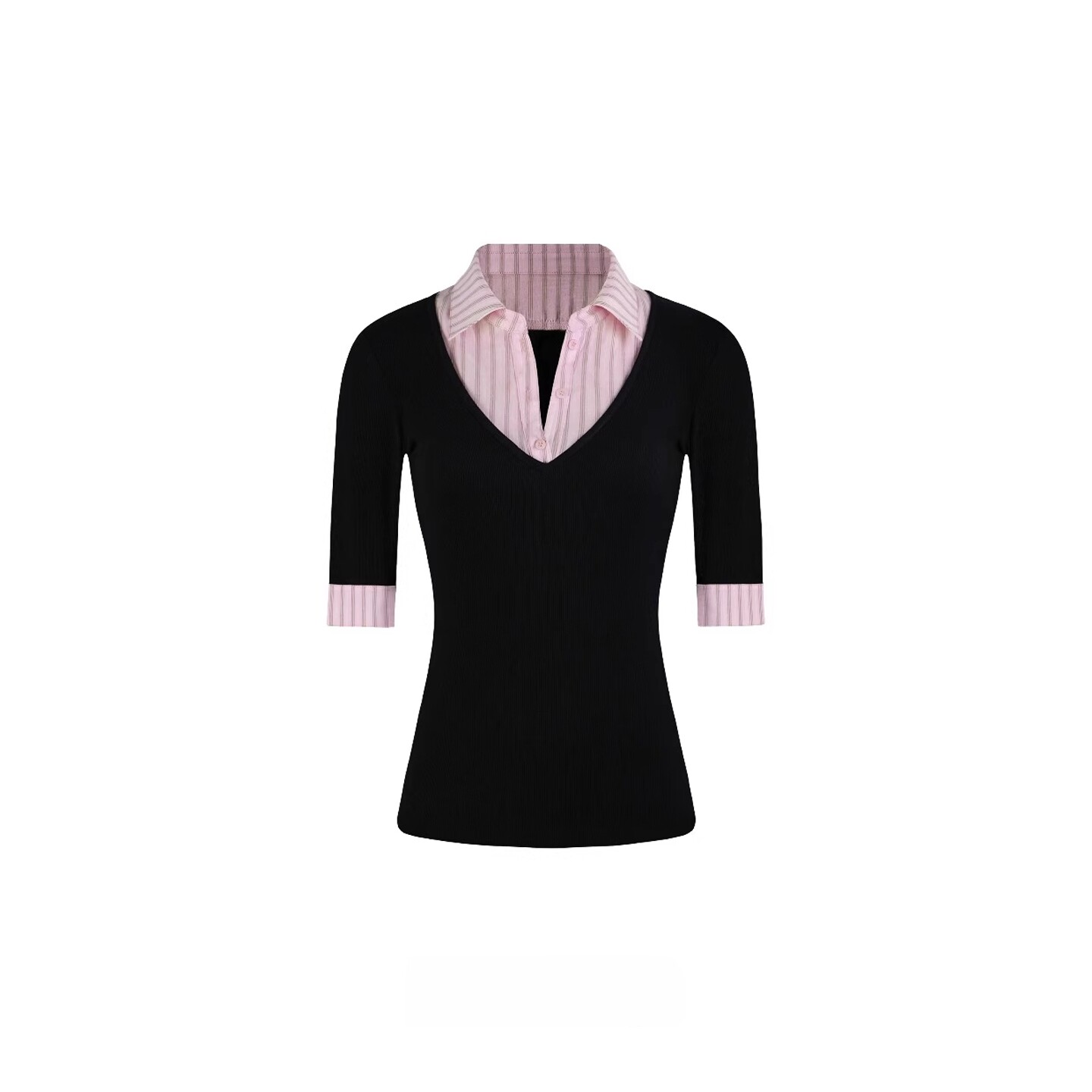 thumbnail for JimKennet Korean pink shirt collar patchwork knit fake two pieces slim half sleeve simple waist top for women