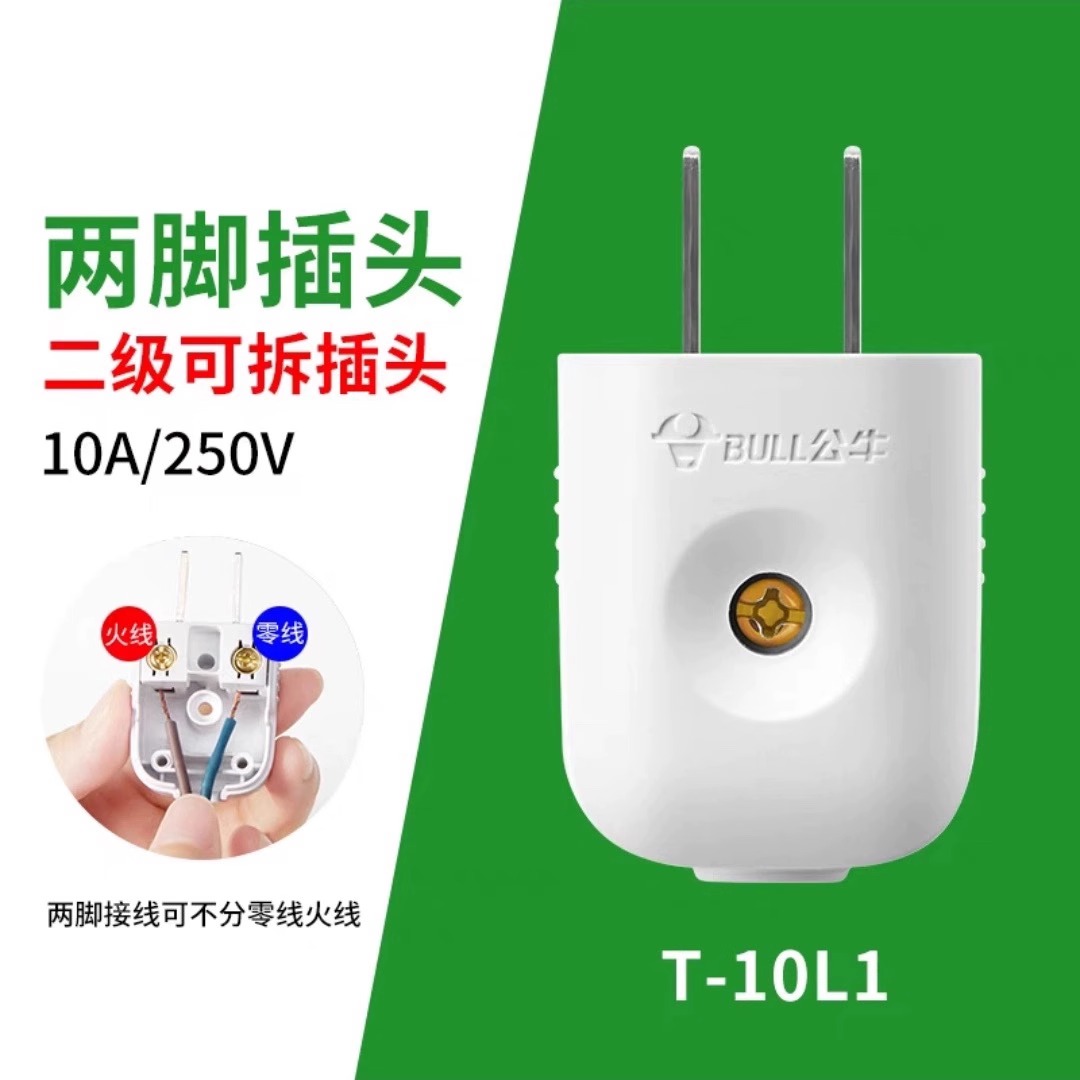 多只装公牛10A插头电线二头两脚接线两孔两角项电源2极GNT-10L1S