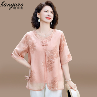 50岁妈妈夏装套装气质新中式雪纺小衫中老年女装夏季短袖T恤上衣