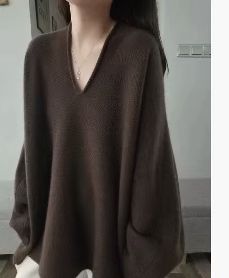 美丽诺100%纯羊毛衫女复古慵懒风V领中长款毛衣软糯套头针织打底