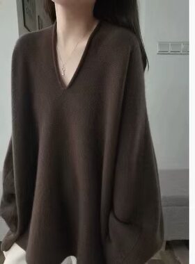 美丽诺纯羊毛衫女复古慵懒风V领中长款毛衣软糯套头针织打底