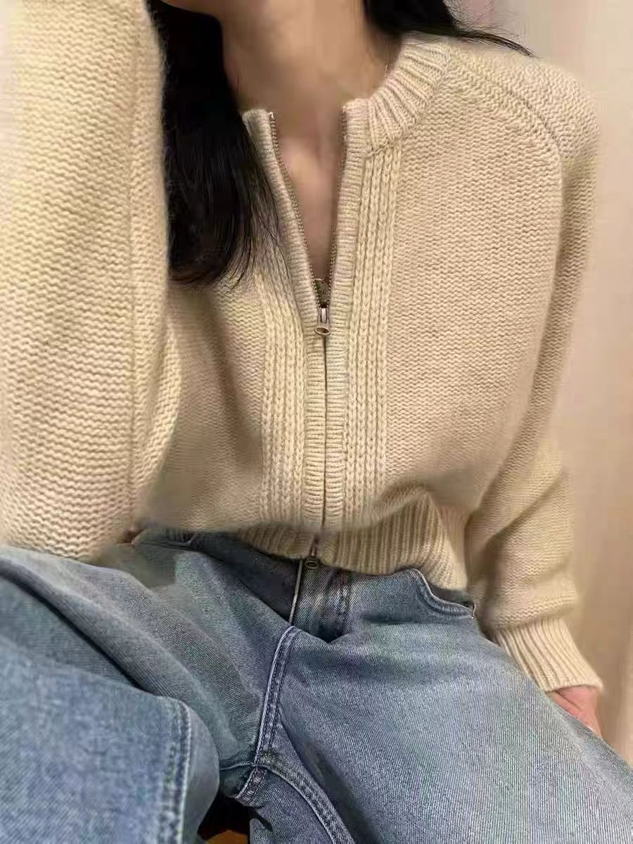 高级感宽松短款拉链羊绒针织开衫女秋冬欧货软糯加厚羊毛外套上衣