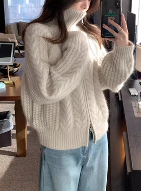 高翻领100羊毛衫长袖复古扭花外搭开衫女加厚双拉链羊绒针织外套