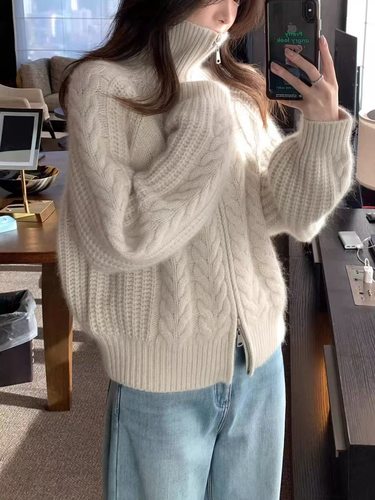 高翻领100羊毛衫长袖复古扭花外搭开衫女加厚双拉链羊绒针织外套