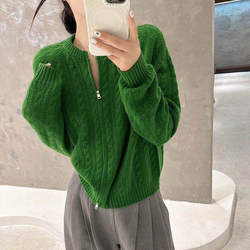 秋冬款圆领双拉链100%纯羊毛开衫女麻花慵懒宽松显瘦针织毛衣外套