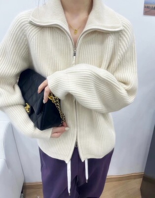 2025新款羊毛双拉链开衫外套女秋冬翻立领针织宽松慵懒加厚毛衣