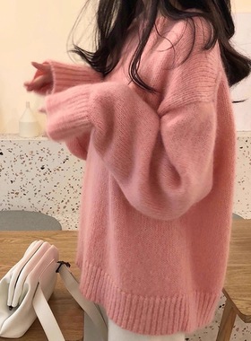 奶黄色套头羊毛衫女秋冬小个子宽松慵懒风针织衫圆领上衣