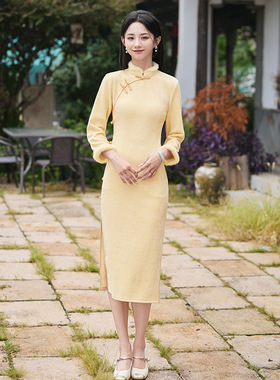 时尚华韵黄色加绒冬装国风新中式长款长袖旗袍2026新款年轻款女