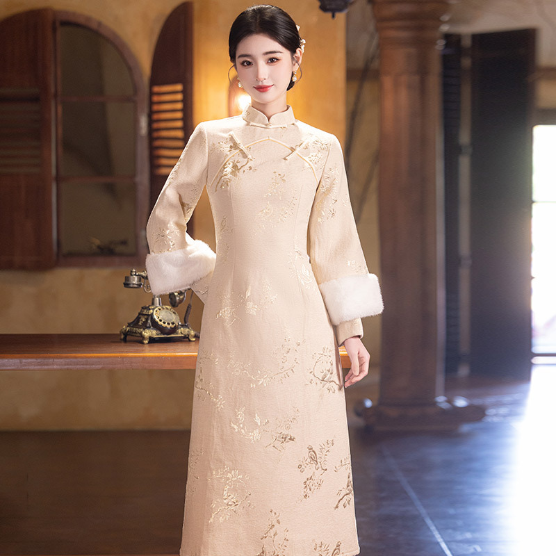 烫金加绒国风苏州长袖改良旗袍冬季厚款女新中式复古连衣裙秋冬装