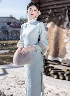 时尚华韵蓝色加绒冬装国风新中式长款长袖旗袍2026新款年轻款女