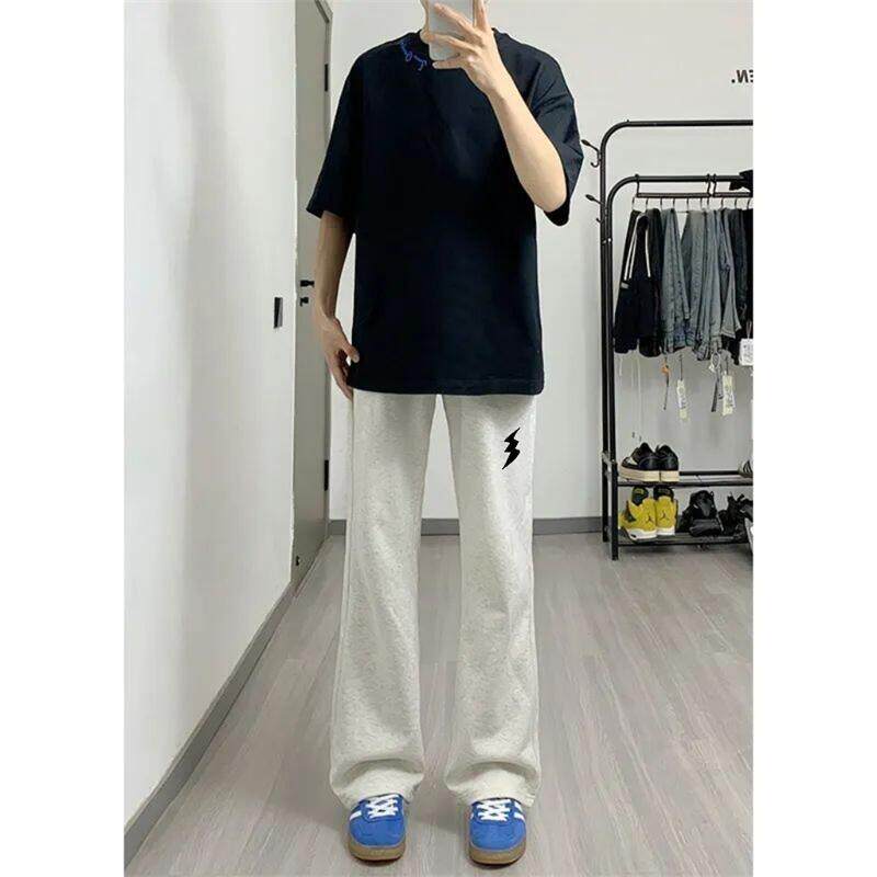 春秋薄款印花卫裤男女直筒系带运动休闲裤灰色百搭宽松篮球长裤子