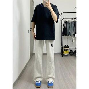 春秋薄款 男女直筒系带运动休闲裤 灰色百搭宽松篮球长裤 子 印花卫裤