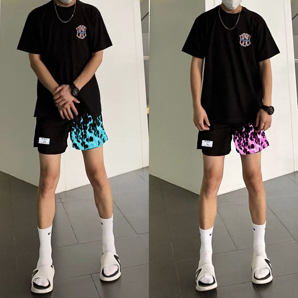 夏季篮球美式短裤男火焰速干不过膝透气网眼宽松运动休闲三分裤子