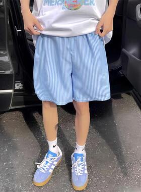 美式蓝色竖条纹休闲短裤男款夏季潮牌速干裤子休闲五分直筒沙滩裤