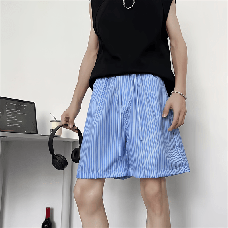 美夏季式街头蓝色条纹沙滩短裤男女宽松休闲速干抽绳速干五分裤潮