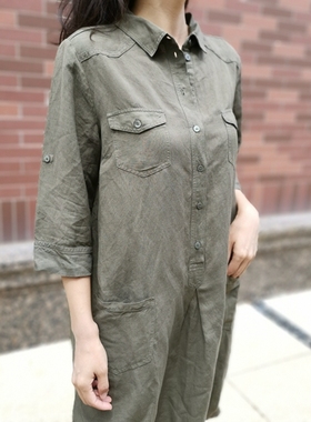 Ca***ina H**rera 优雅气质 绿色亚麻衬衫裙 高JI休闲感