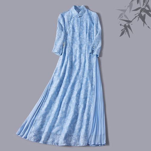 中国风A字裙天丝麻提花连衣裙仙