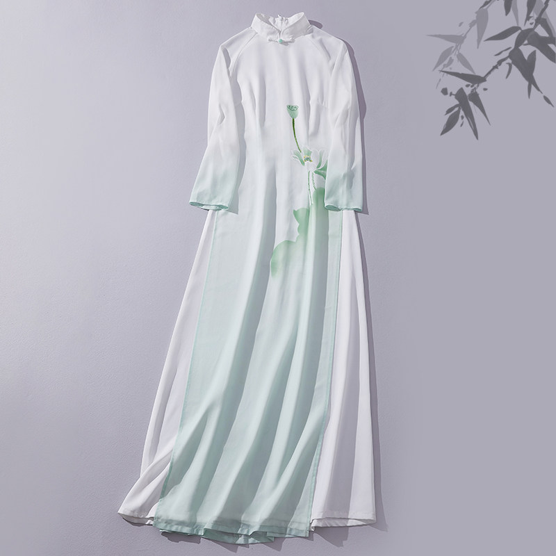 会吾良人中国风女装复古立领奥黛旗袍裙珍珠纱手绘禅服修身连衣裙