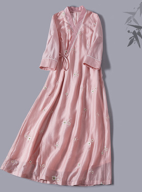 中国风春夏新款中式复古天丝绣花改良汉服交领系带开衫连衣裙茶服